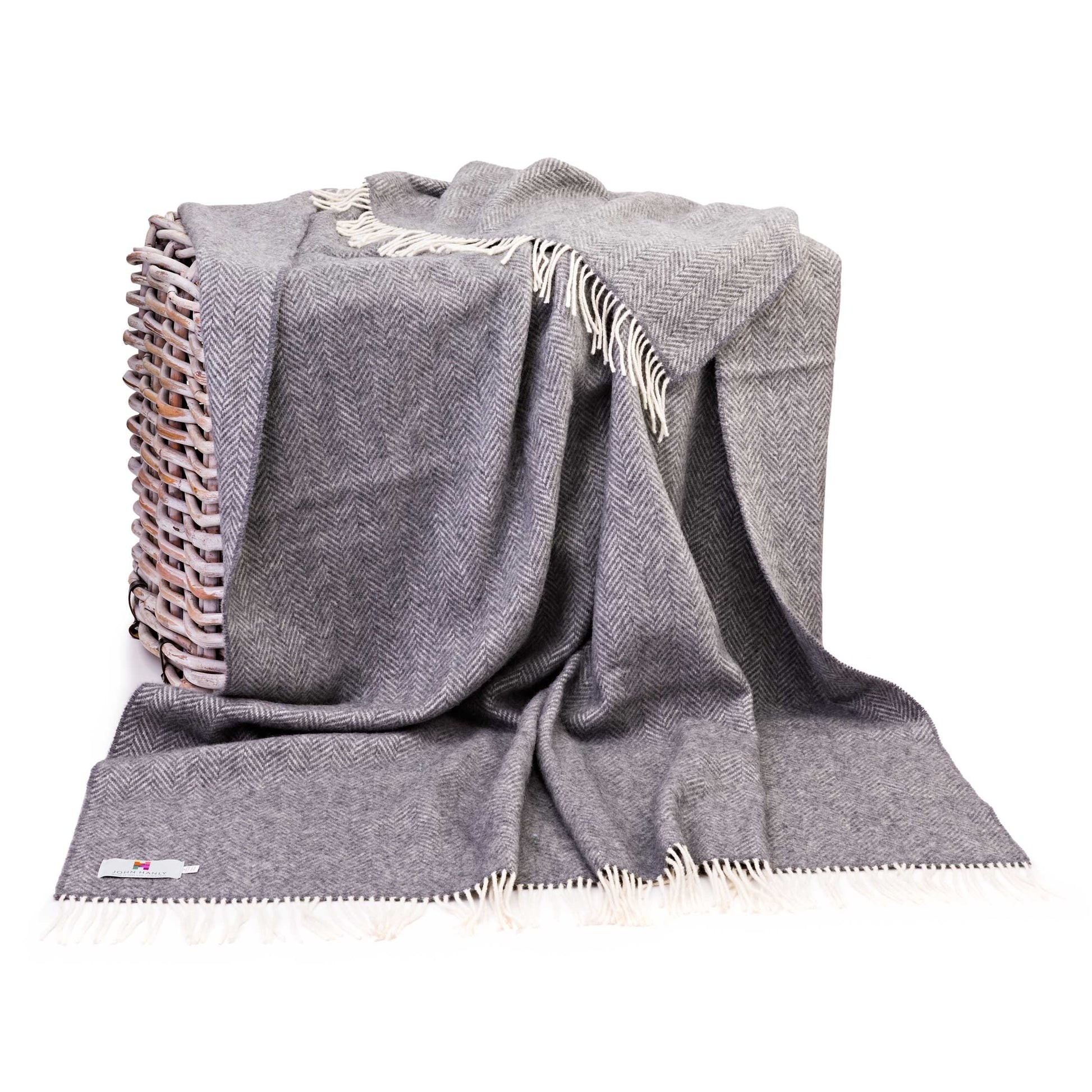 John Hanly Merino Wool Cashmere Throw Grey Herringbone