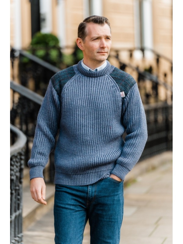 TW Kempton Gamekeeper Chunky crew neck sweater with Harris Tweed Patches Denim